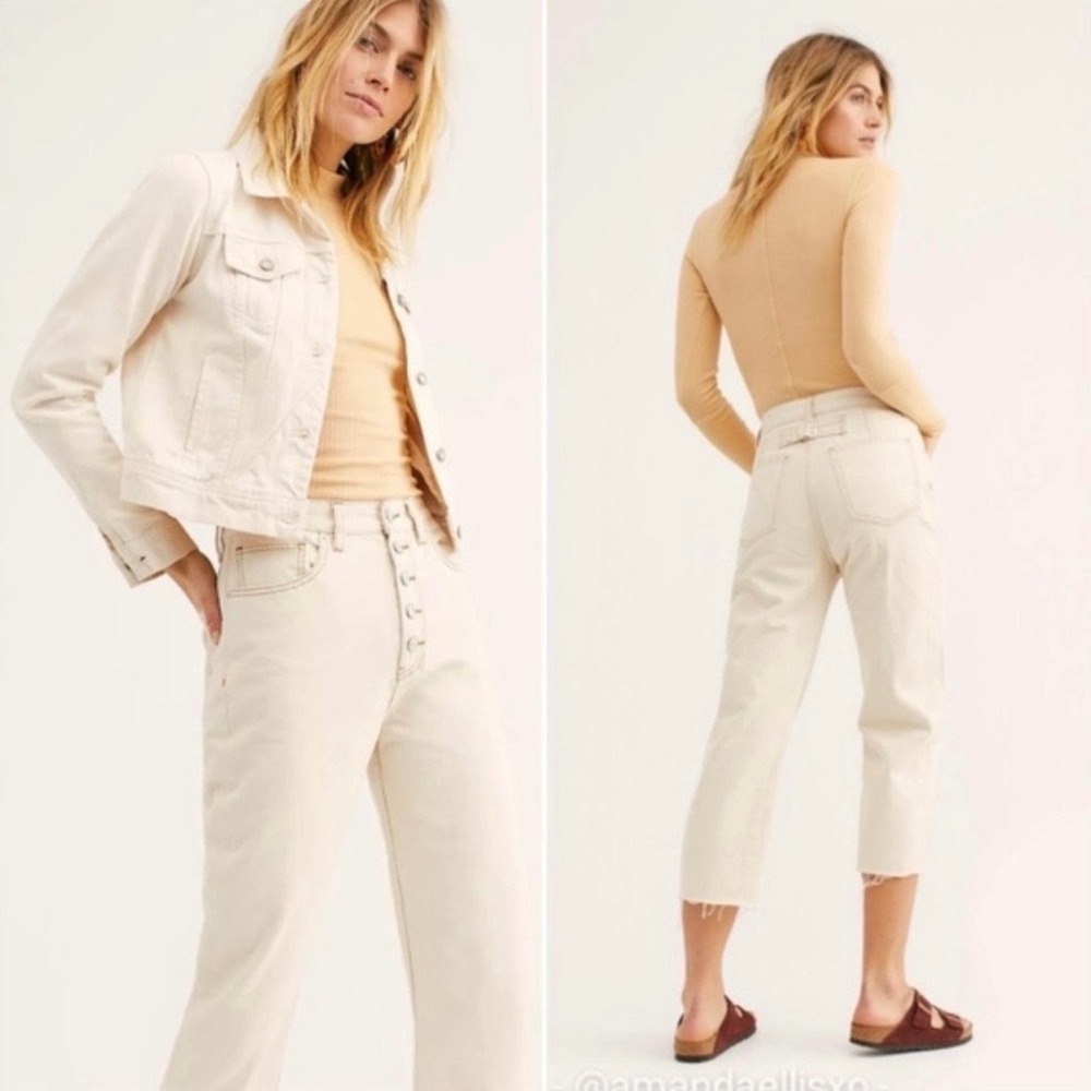 Free People We The Free Barrel Jeans 27 Long Rinsed Seeded Ivory Crop Button Fly